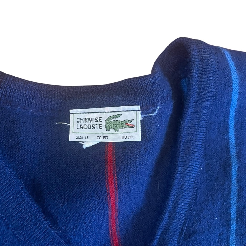 Lacoste Men's V-Neck Sweater - Navy with Red and Green Stripes - US Men’s Medium - Picture 3 of 5